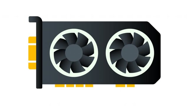 Gpu icon animation. Illustrated graphic card with dual fans, isolated on white.