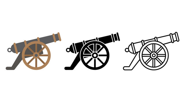 Historic cannon icon set. Vintage artillery and military weapon symbols. Heritage defense design element. Clean vector illustration