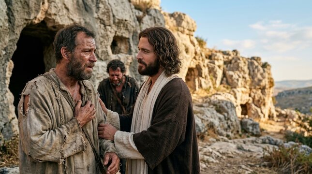 Jesus comforts a weeping man in tattered clothes, offering solace and compassion in a rocky, barren landscape. Possessed by demons at the cave