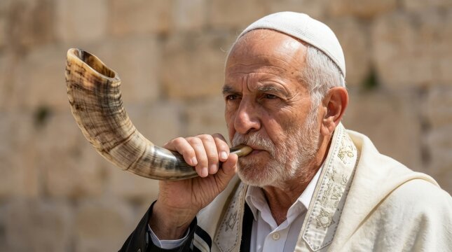 Jewish man blowing shofar during religious ceremony at the Western Wall in Jerusalem, Israel, celebrating Rosh Hashanah or Yom Kippur
