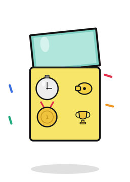 (teal lid): stopwatch, whistle, gold medal, trophy