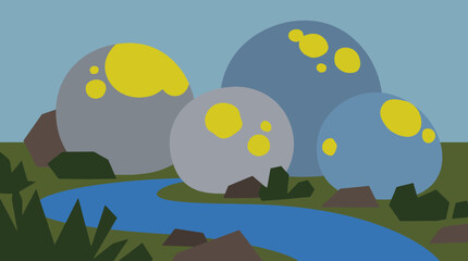 Obraz premium Minimalist flat vector illustration of futuristic dome houses in a nature landscape with a river.