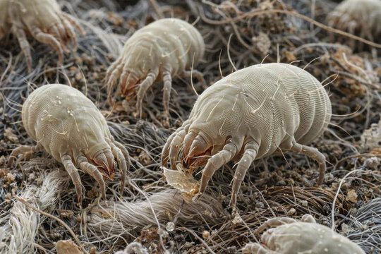 Microscopic view of house dust mites crawling on fabric fibers