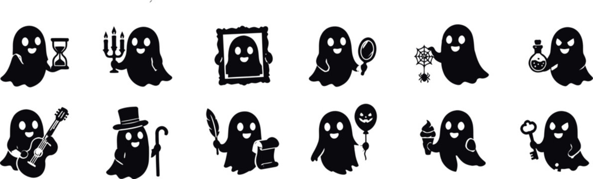 Halloween ghost illustrations with various objects