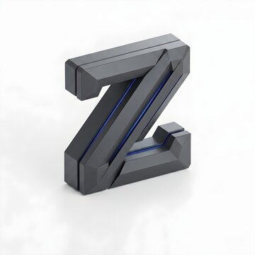 Bold dark graphite letter Z rendered as a dimensional angular monogram with subtle blue inset accents, isolated on a bright white background for a modern industrial technology logo, icon and corporate