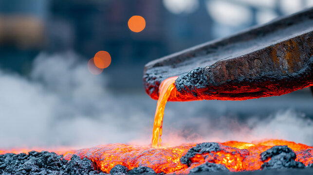Close-up of molten slag pouring into a granulation pit with thick steam rising, industrial cooling process, heavy manufacturing, with copy space