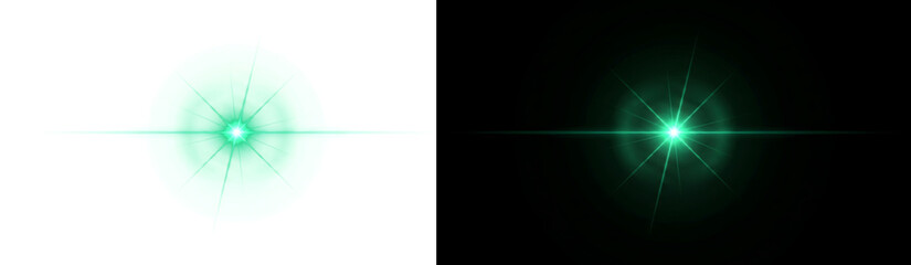 Obraz premium Lens flare green star light effect with sparkling burst for overlay use in PNG, Transparent and Black Background Versions