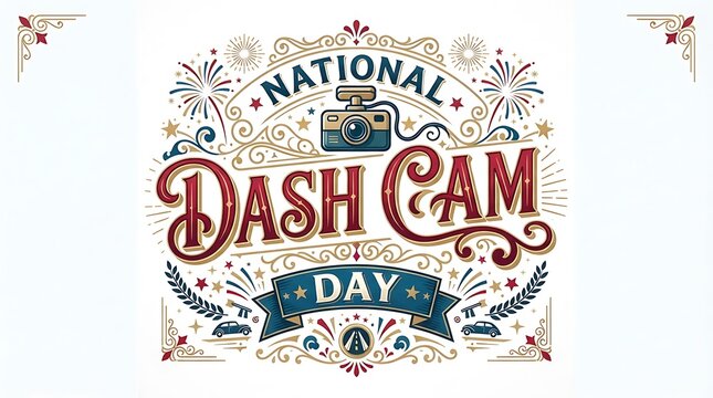 National dash cam day typography design with camera and decorative elements, isolated on white background