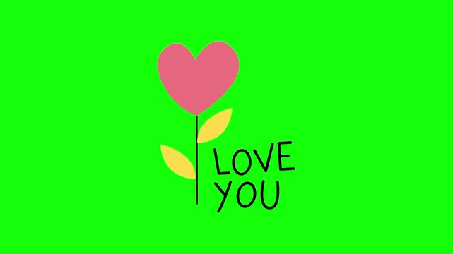 Love icon sign, animated pink flower with heart shaped and bite cartoon vector. Social media gift idea, message, interaction symbol. Popup clipart shape animation green screen background template.