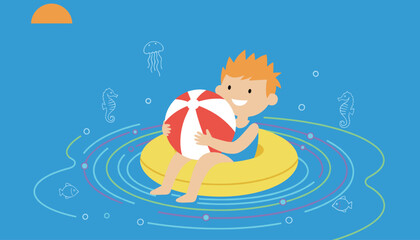 Obraz premium Boy floats on a yellow inner tube in the ocean while holding a red beach ball, surrounded by marine life in a playful vector illustration.