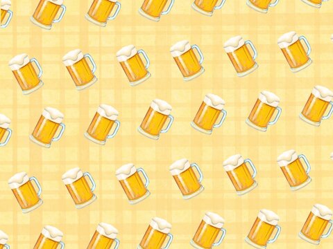 黄色のチェック柄をバックに美味しそうな生ビール模様の背景素材イラスト
