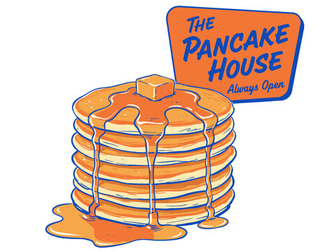 Pancake house retro illustration, stack of pancakes with syrup, vintage diner sign, breakfast food, cafe brunch artwork, morning meal
