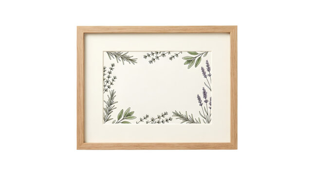Minimalist wooden picture frame with botanical illustration, natural oak wood frame on white background, lavender and rosemary herb art print