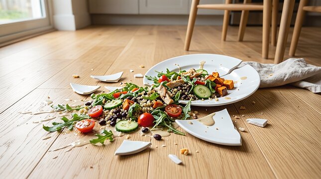 Plate of salad dropped on wooden floor