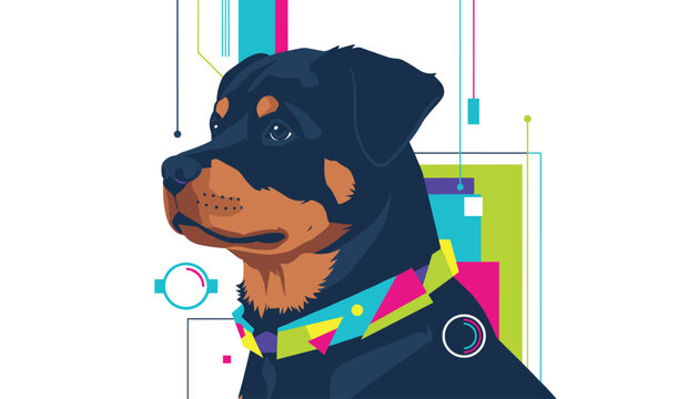 Detailed artistic portrait of a Rottweiler dog head wearing a vibrant geometric collar on an abstract tech background.