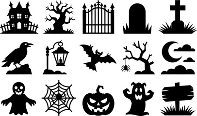 Fototapeta premium Halloween Haunted Cemetery Vector Bundle With Ghost Pumpkin Bat Graveyard And Spooky Elements