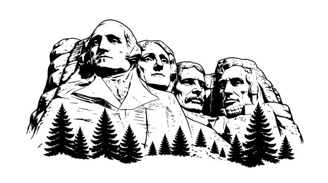 Black and white illustration of Mount Rushmore with pine trees