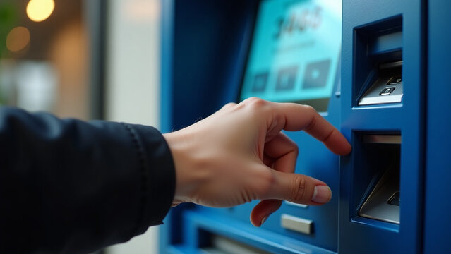 An ATM bank machine iteration ar beautiful modern house Close up of woman hand entering