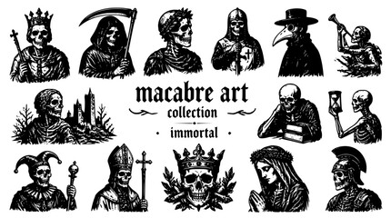 Fototapeta premium Macabre art collection featuring various skull designs and characters in black