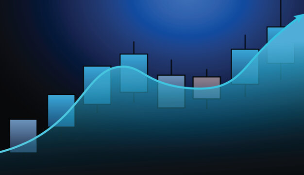 Financial stock market candlestick chart with upward growth arrow on blue background. Business trading graph vector illustration for crypto, forex investment banner and economy concept.