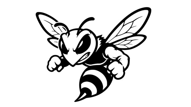 Black and white cartoon bee in mid flight aggressively