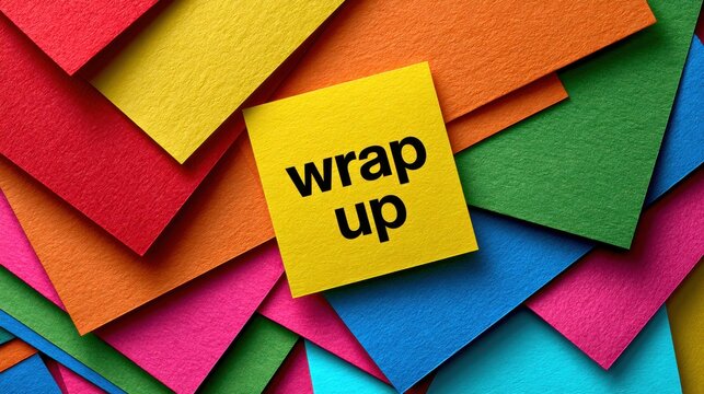 A yellow square sticky note with wrap up text over colorful papers. Represents project completion and final summary.