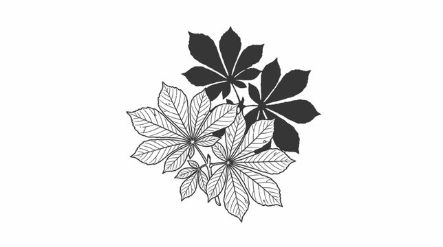 Horse chestnut leaf cluster in line art and silhouette style