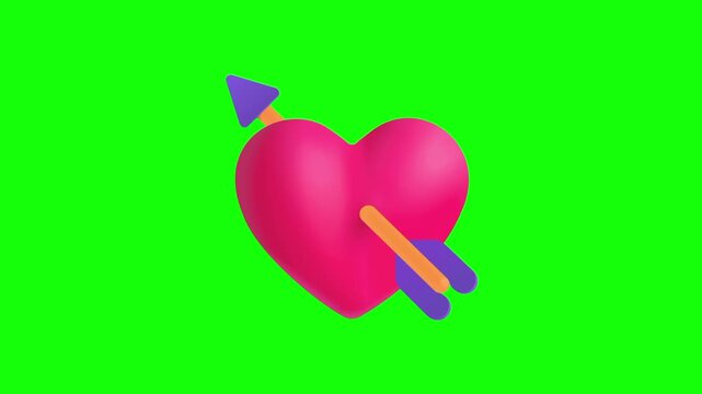 Love icon sign, animated red pink heart shaped 3D with arrow cartoon vector. Feeling illustration idea, message, interaction symbol. Popup clipart shape animation green screen background template.