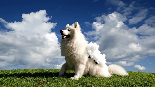 White Samoyed Dog Wearing a Cotton Cloud Costume Sitting on Green Grass Against a Blue Sky with Cumulus Clouds