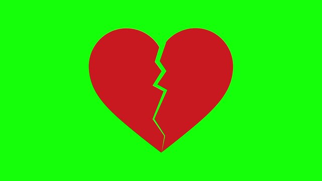 Love icon sign, animated red broken heart shaped 3D with cracked cartoon vector. Feeling illustration idea, message, interaction symbol. Popup clipart shape animation green screen background template.