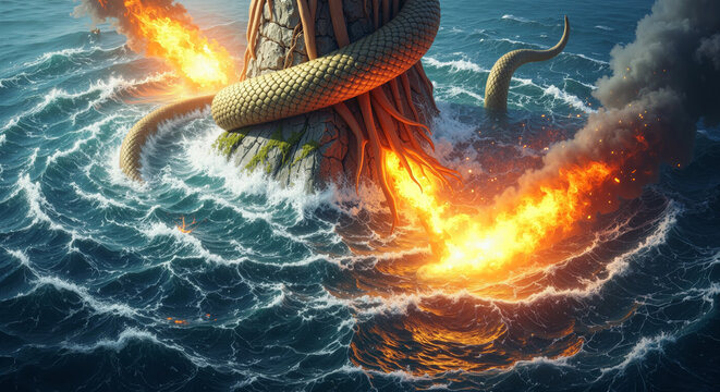 Mythical serpent wrapped around fiery volcanic island in turbulent ocean waters symbolizing chaos and destruction in nature with flames and smoke rising.