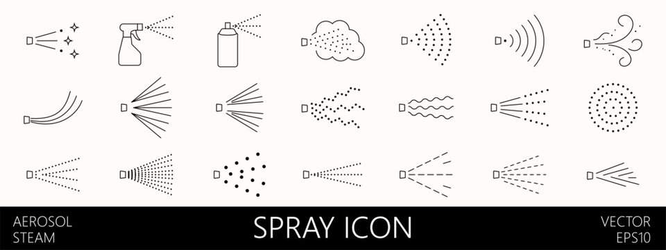 Spray aerosol vector and icon mist water with steam shower nozzle. Jet vapour effect and drop air fragrance with hair deodorant nasal. Art icon mist and perfume spray wash with ray sprayer clean.