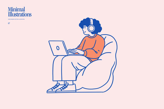 Young woman working on a laptop while wearing headphones and sitting in a cozy armchair. Minimal line illustration for remote work, online learning, freelance, apps, websites, and blogs.