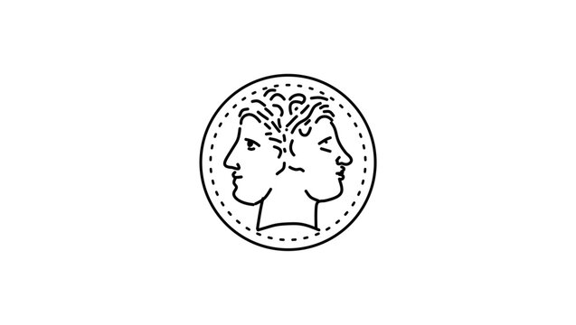 Ancient Coin Showing Two-headed Roman God Janus, black isolated vector silhouette