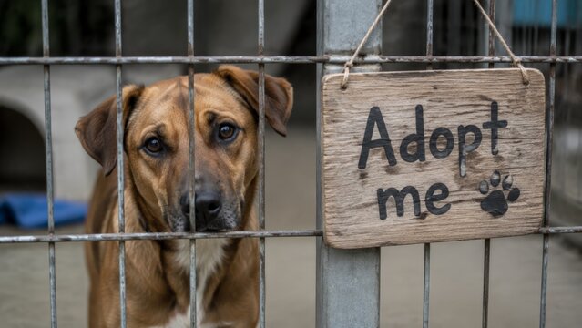 Brown tan dog with sad eyes looking through metal bars of a shelter cage with a handwritten wooden Adopt Me sign with paw print hanging on the gate beside it in an outdoor kennel yard