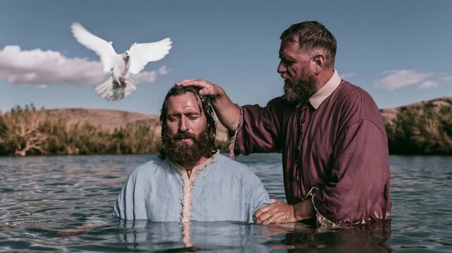 Jesus receives baptism in river with dove flying overhead
