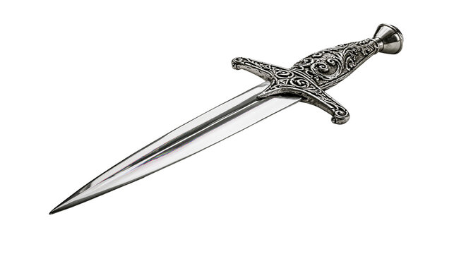 Ornate silver dagger with detailed filigree handle, isolated on transparent background