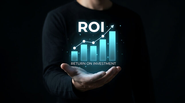 Businessman holding a glowing ROI return on investment growth chart graph