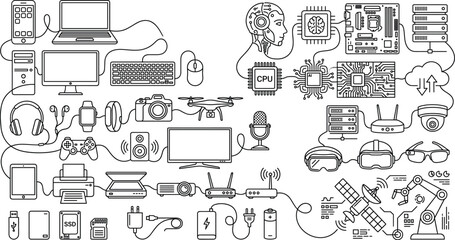 Black and White Line Art Technology Ecosystem Vector Illustration with Connected Digital Devices and AI Black and White Line Art  © Mst Sumi