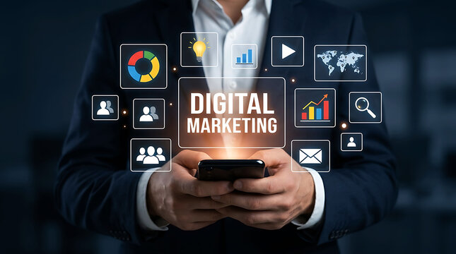 Businessman holding smartphone with digital marketing icons and business concept