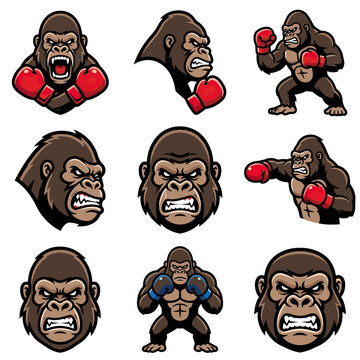 Gorilla boxing mascot sports character set.