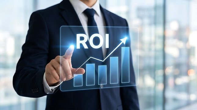 Businessman pointing at ROI graph showing financial growth and business success