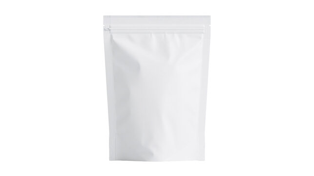Blank white resealable pouch with zipper closure, isolated on transparent background
