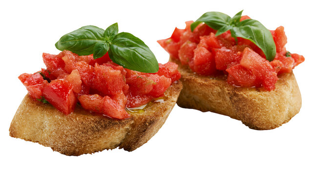 Two rustic bruschetta appetizers with chopped tomatoes and basil, isolated on transparent background