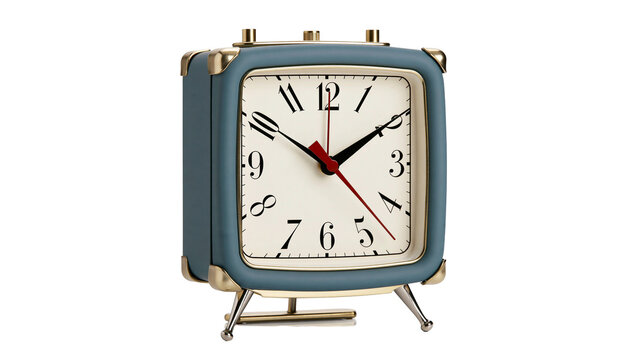 Retro blue square alarm clock with gold accents, isolated on transparent background