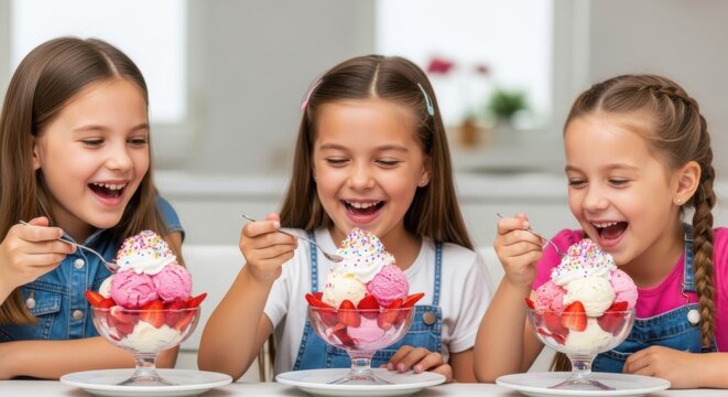Three girls eating ice cream sundaes