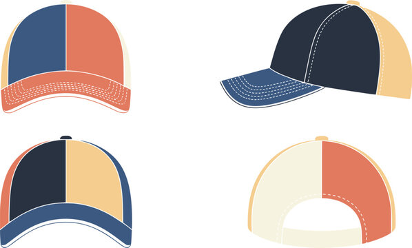 Set of colorful baseball caps and trucker hats in different views for fashion and sports apparel