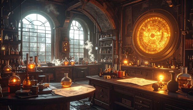 A warmly lit interior depicting an alchemy workshop, filled with scientific instruments and round windows overlooking a misty landscape