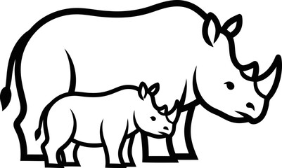 Rhino family vector illustration, mother and baby rhinoceros, simple outline art. © teressa