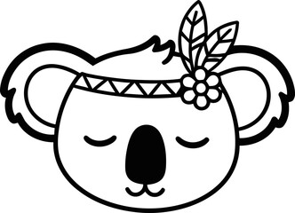 Cute koala illustration with tribal headband and feathers, black and white cartoon. © samsu